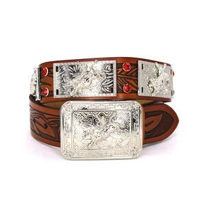 Rhinestone With Concho Fabric Belt Aztec Print Men Women Cowboy 5329
